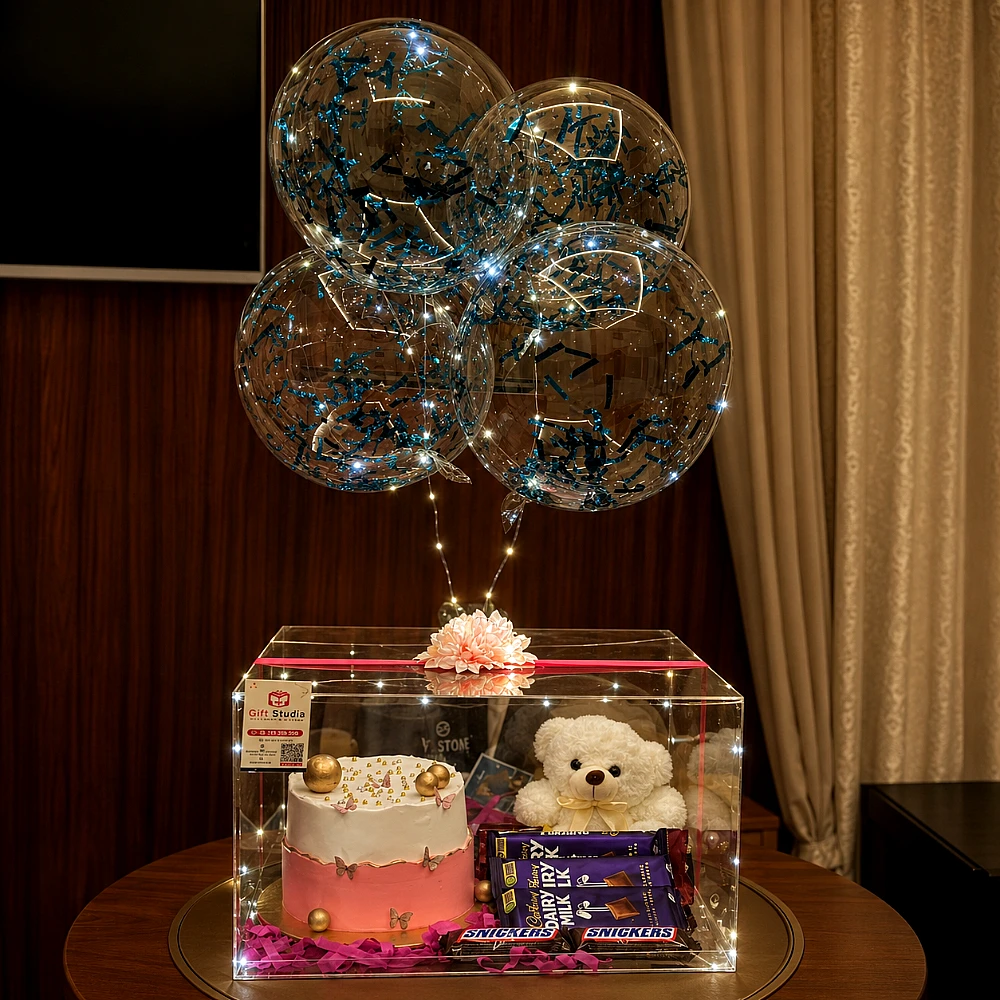 Acrylic Cake, Teddy &amp;amp;amp; Balloon Gift Hamper