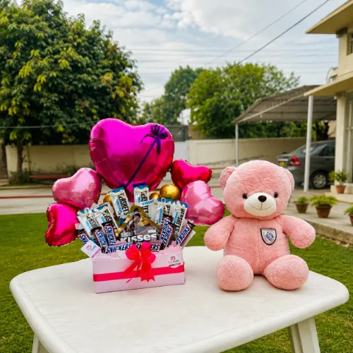 Teddy Bear Chocolate &amp; Heart Balloon Gift Basket