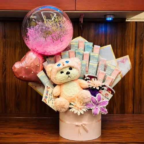Teddy Bear Skincare &amp; Balloon Gift Basket