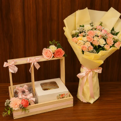 Wooden Cake &amp; Dry Fruit Rose Gift Basket